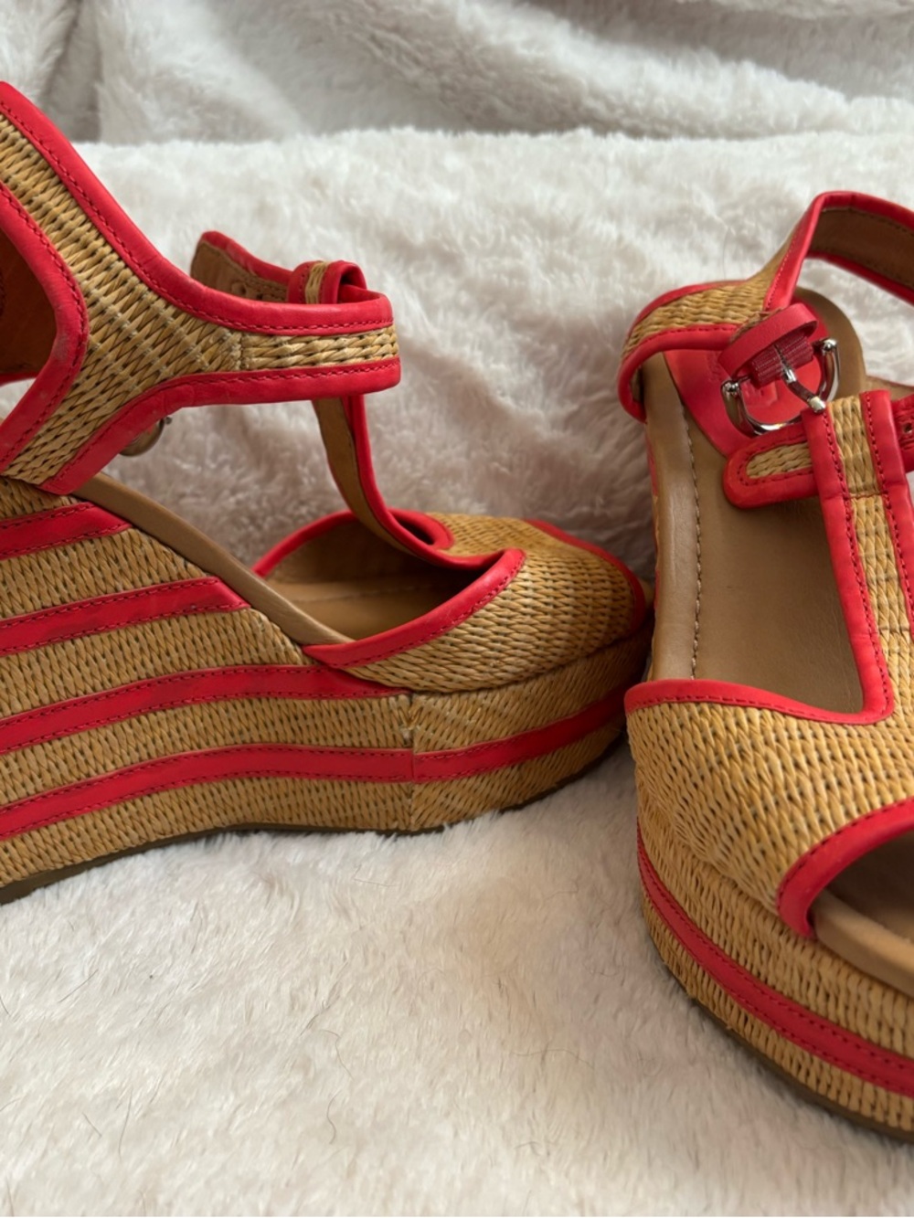 Coach Wedge Sandals in Natural Straw with Coral Trim